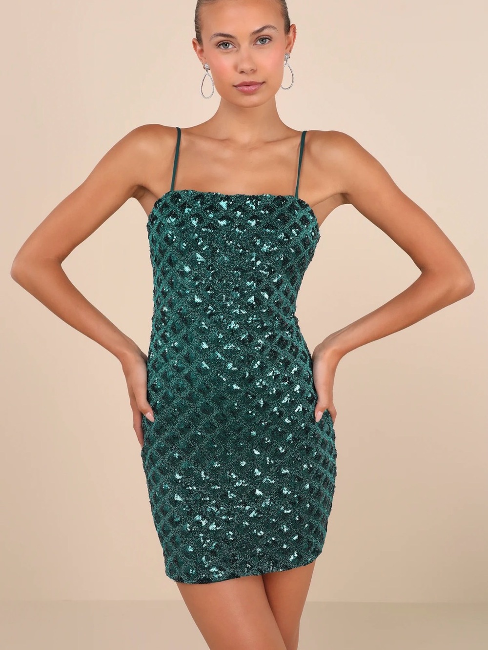 Emerald Green Sequin Mini Dress - Sleeveless Spaghetti Strap